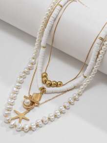 4 pièces/Set Collier à maillons métalliques avec perles fausses et franges, style océan. Collier ras-du-cou étoile de mer en couches. Convient pour un port quotidien. Accessoires de bijoux pour femmes