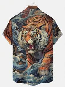 Camisa de manga corta con bolsillo con estampado vintage de tigre ukiyo-e para hombre de talla grande