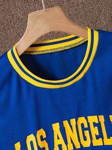 2 件套青少年男童 LOSANGELES 30 号透气速干篮球球衣和短裤运动套装，春夏 - 藍色 - 查看 3