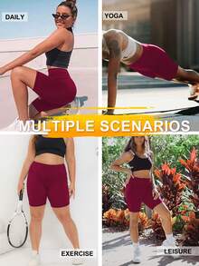 Plus 女式裸感轻盈骑行短裤高腰健身房跑步运动氨纶收腹短裤口袋女式骑行短裤 - 酒紅色 - 查看 6