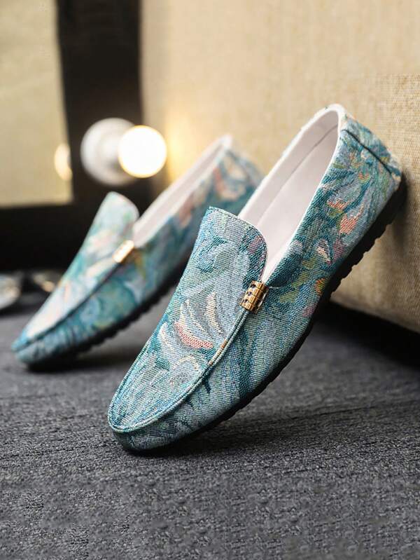 (Random Print Pattern) Men Loafers, New Summer Non-Slip Durable Flat Comfortable Slip-On Shoes, Outdoor Casual Driving Men Printed Canvas Breathable Big Size Fashionable Lightweight Odor-Resistant Canvas Shoes, Versatile Casual Slip-On For All Seasons