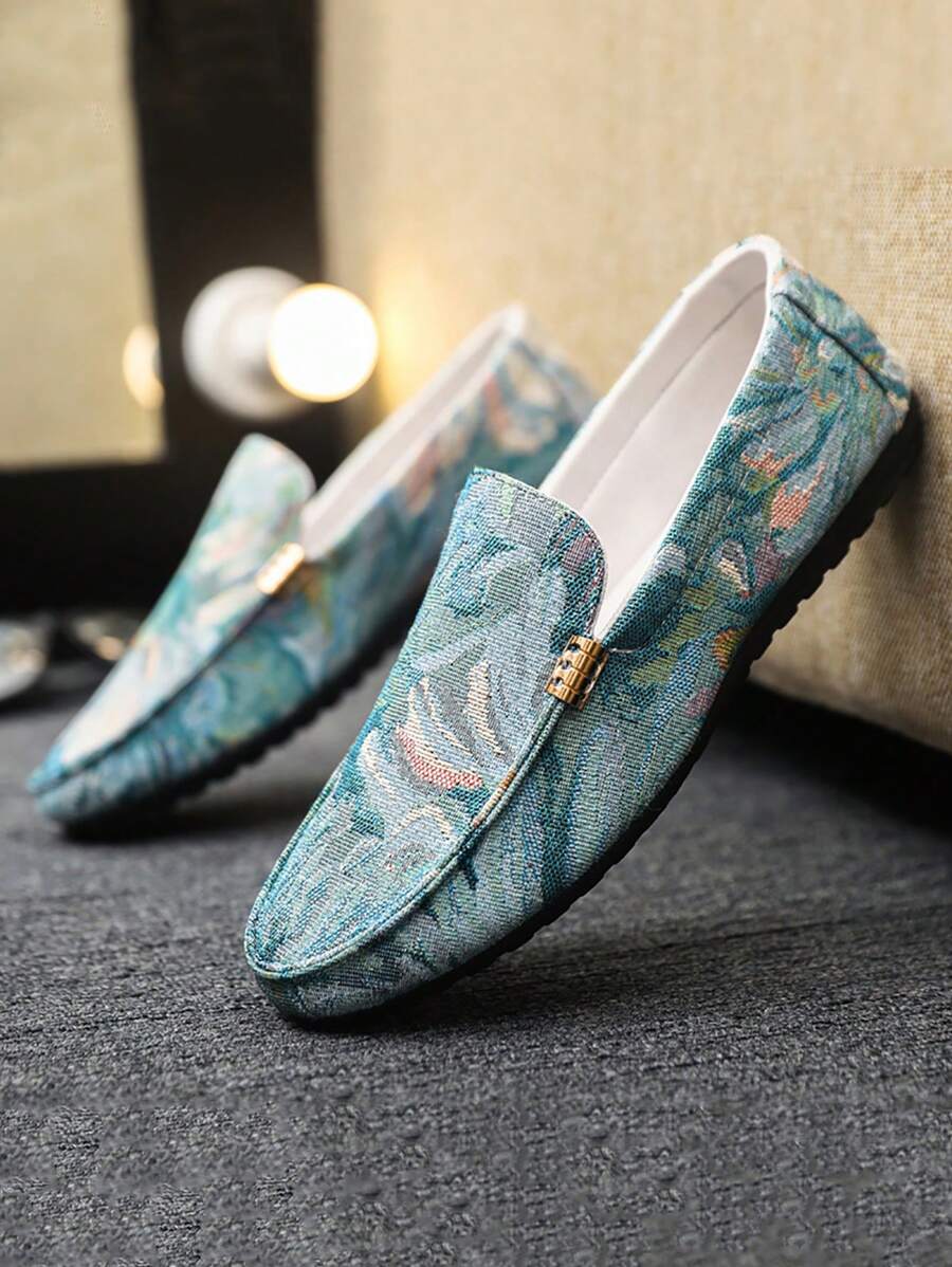 (Random Print Pattern) Men Loafers, New Summer Non-Slip Durable Flat Comfortable Slip-On Shoes, Outdoor Casual Driving Men Printed Canvas Breathable Big Size Fashionable Lightweight Odor-Resistant Canvas Shoes, Versatile Casual Slip-On For All Seasons