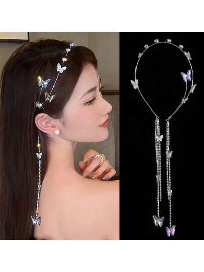 1pc Elegant Metal Rhinestone Butterfly Tassel Hair Hoop, Versatile Headband, Suitable For Going Out, Performances, Holidays Like Mother's Day, Thanksgiving, Christmas, Carnivals, Gift Halloween