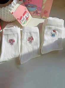 Sanrio 2 Pairs Sanrio Women'S Mid-Calf Socks - Cute For Hello Kitty Embroidered Pattern, White, Soft, Breathable, Sweat Absorbent, 200g/M² Fabric, Hand Wash Or Dry Clean, Solid Color, Perfect For Casual Or Formal Wear, Cute Sock