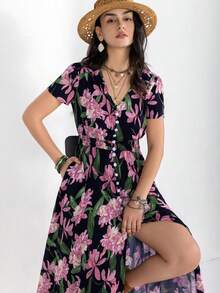 Rusttydustty 波希米亞風女款多色花卉V領優雅口袋洋裝，適合夏季派對與海灘度假，黑色 - 黑色 - 查看 7