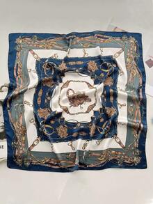 1条70*70厘米方形丝巾，女士缎面印花头巾，可作包巾、头带、发带、披肩、围巾、围巾、头巾，时尚女士发饰，适合搭配连衣裙。 - 藏青鏈條 - 查看 3