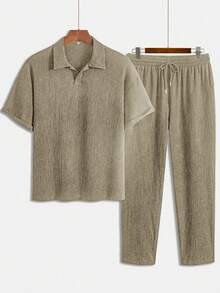 Men's Textured Casual Polo Shirt & Pants Set - Khaki - View 3