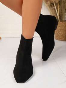 Giày bốt nữ kiểu Pháp dáng ôm, co giãn, gót dày, khóa kéo phía sau, thích hợp cho mùa thu/đông. - màu đen - Xem 5