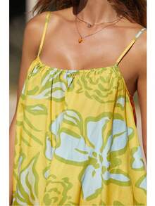 Women Boho Graphic Mini Cami Dress Spaghetti Strap Floral Short Dress Flowy Backless Sling Dress Summer Sundress - Yellow - View 2