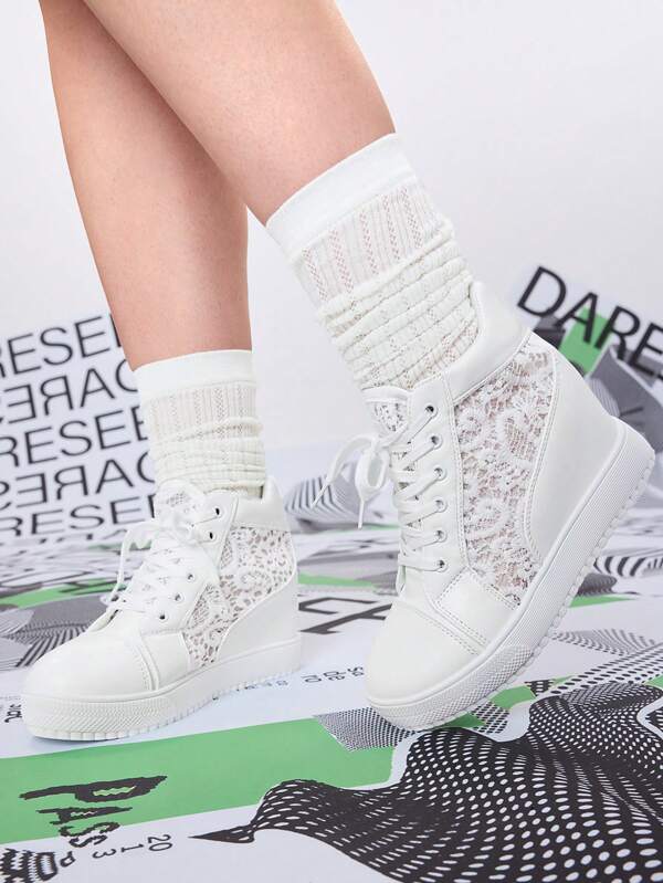DareSee Women's Mesh High-Top Shoes With Hidden Height Increase, White, Spring & Autumn Casual Lace-Up Sneakers With Round Toe Music-Fest Y2K-Fest Back To School