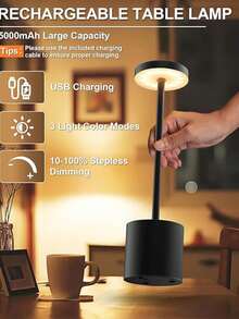 1 件无绳 LED 台灯，便携式 USB 可充电户外灯，带 3 级调光，电池供电灯适用于晚餐、露台、餐厅、卧室（黑色、金色、白色、银色） - 多款 - 查看 2