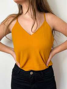 Women's Tank Top With Adjustable Straps Basic Crepe Strappy Top - Mostaza Amarilla - Ver 2