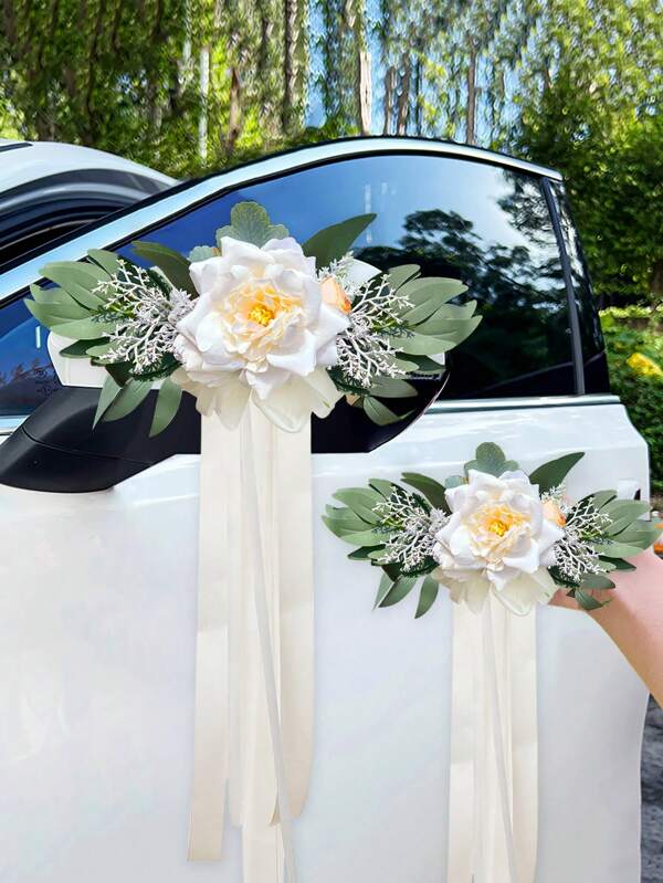 1 pièce Fleur artificielle d'eucalyptus et de lotus pour la décoration de voiture de mariage. Ruban, accessoire photo pour la décoration de poignée de porte, miroir, allée, chaise de mariage