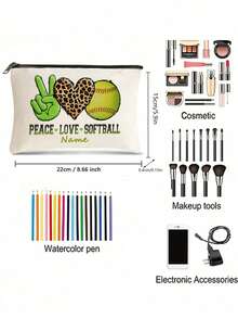 1 pieza "Paz Amor Softbol" Estuche organizador con cremallera - Gesto de mano verde, corazón de leopardo, diseño de béisbol - Bolsa de maquillaje de poliéster ligera con cierre de cremallera - Ideal para viajes, regalos de fiesta y almacenamiento de cosméticos, accesorios de softbol | Accesorio alegre | Cierre con cremallera, bolsas de softbol - Multicolor - Ver 5