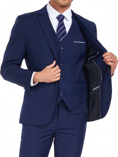WindsorQuad Furuyal Men's 3-Piece Suit Set, Elegant Solid Color Single-Breasted Slim Fit Suit Jacket, Vest, Pants & Tie, Suitable For Business, Wedding, Formal Occasions, Navy Blue, Size XS-3XL
