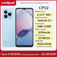 Coolpad هاتف Coolpad COOL CP12، نظام أندرويد 13، شاشة 6.517 بوصة اتش دي بلس، متوفر باللون الأزرق الفاتح والأزرق الداكن والأسود، معالج SC9863A، ذاكرة وصول عشوائي 8 جيجابايت (تضم 4 جيجابايت قابلة للتوسيع) + تخزين 64 جيجابايت أو 8 جيجابايت (تضم 4 جيجابايت قابلة للتوسيع) +128 جيجابايت، كاميرا ثلاثية 13 ميجابكسل، بطارية 4500 ملي أمبير، شريحتي اتصال، شاحن 4G، هاتف ذكي قياسي أوروبي