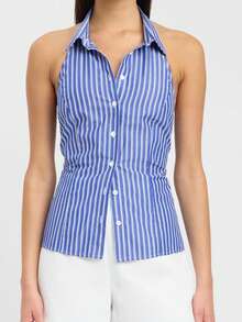 Women Collared Halter Neck Tank Top Sleeveless Button Down Cami Tops Dressy Backless Night Out Shirt Top - Blue - View 1