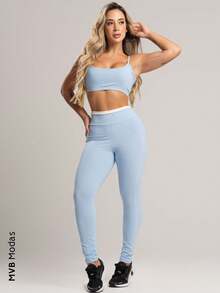 Calça Legging Cós de Vira Cintura Alta Feminina Poliamida Mvb Modas - Azul - Visão 4