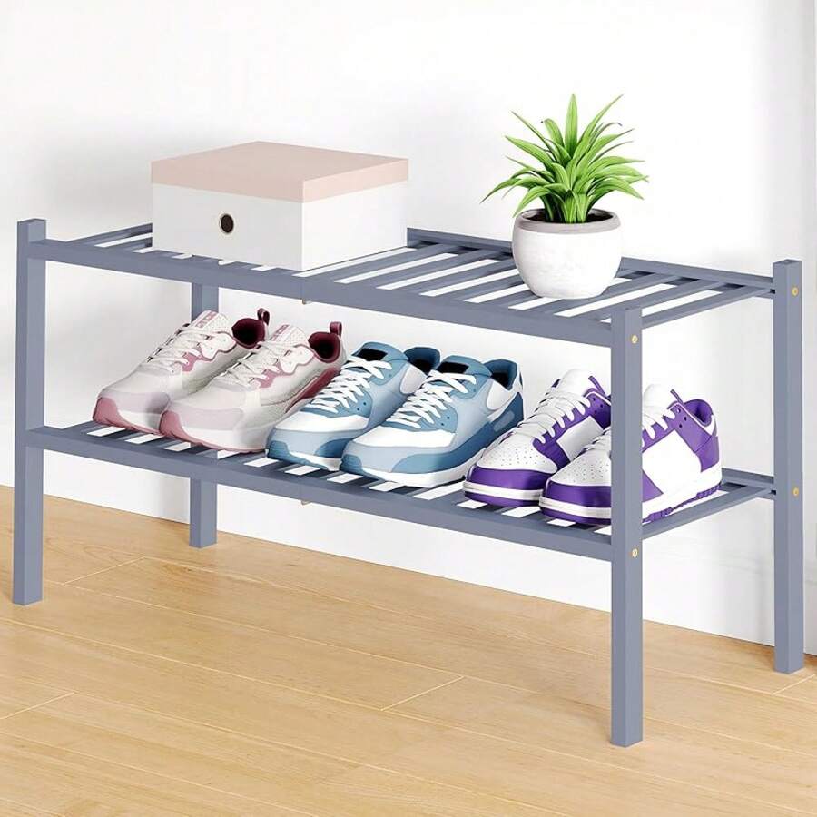Estantería para zapatos, organizador de zapatos apilable de 3 niveles de madera, estantería de almacenamiento de zapatos de pie, entrada, puerta principal, natural - Gris - Ver 1