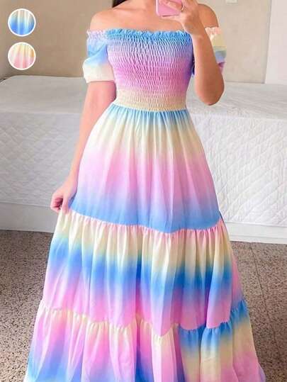 Fashionable Gradient Off Shoulder Shirred Dress