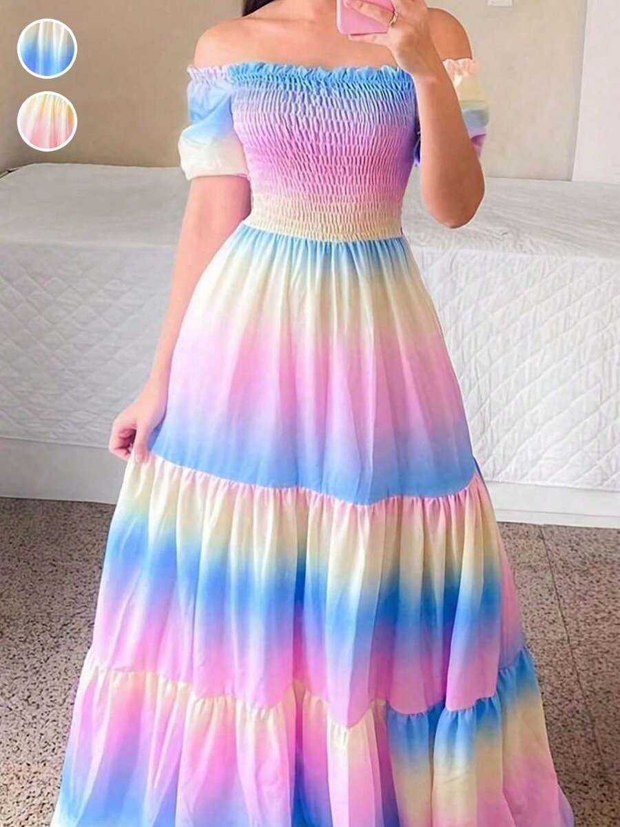 Fashionable Gradient Off Shoulder Shirred Dress - Multicolor - View 1