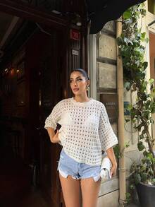 纯色休闲波西米亚风透视镂空衬衫，适合日常穿着 - 白色 - 查看 1