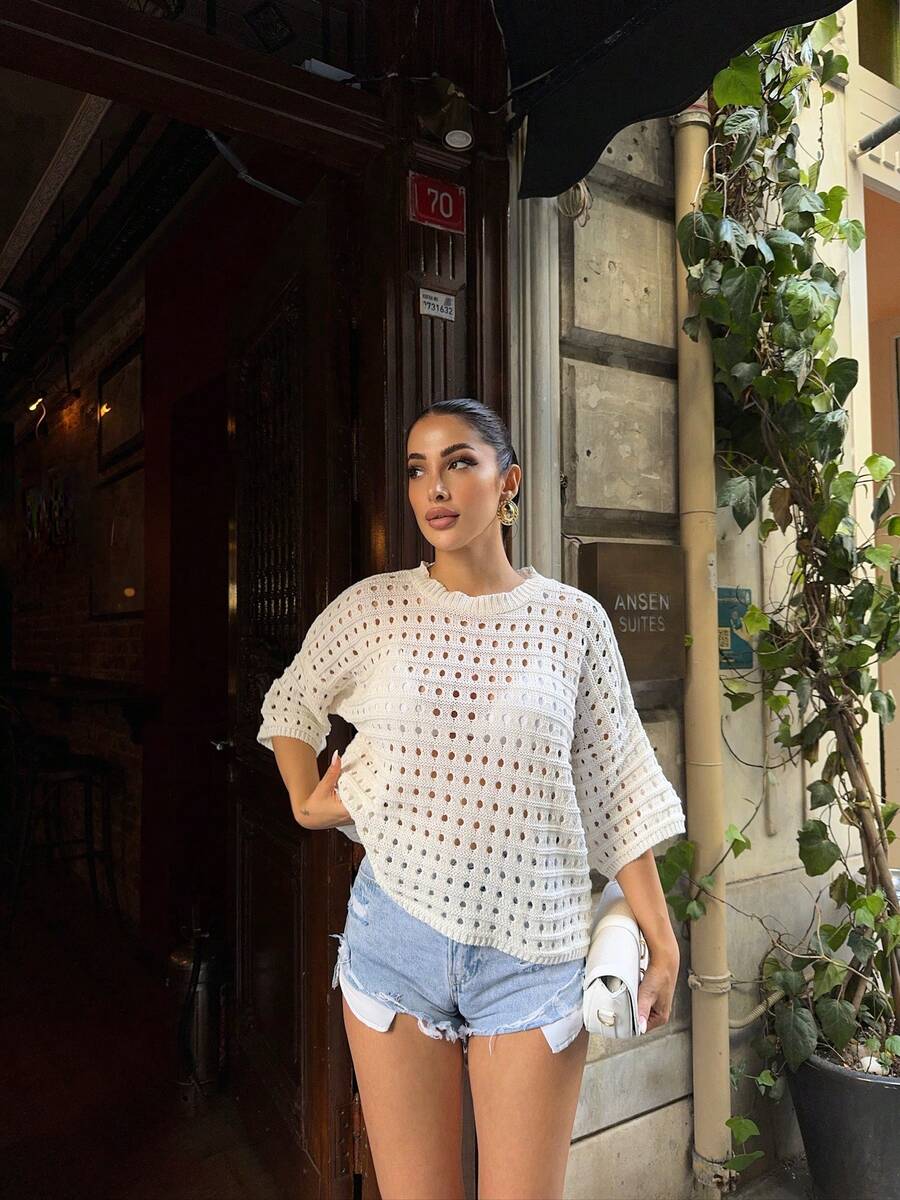 纯色休闲波西米亚风透视镂空衬衫，适合日常穿着 - 白色 - 查看 1