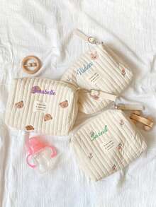 Personalized Large Capacity Custom Embroidery Mommy Bag, Cute Bear Pattern Diaper Bottle Carrier Tote With Stroller Hook For New Moms - Multicolor - View 3