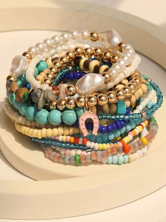 8 件波西米亚风格珠子弹性绿松石蓝宝石手链套装适合女性度假和日常佩戴