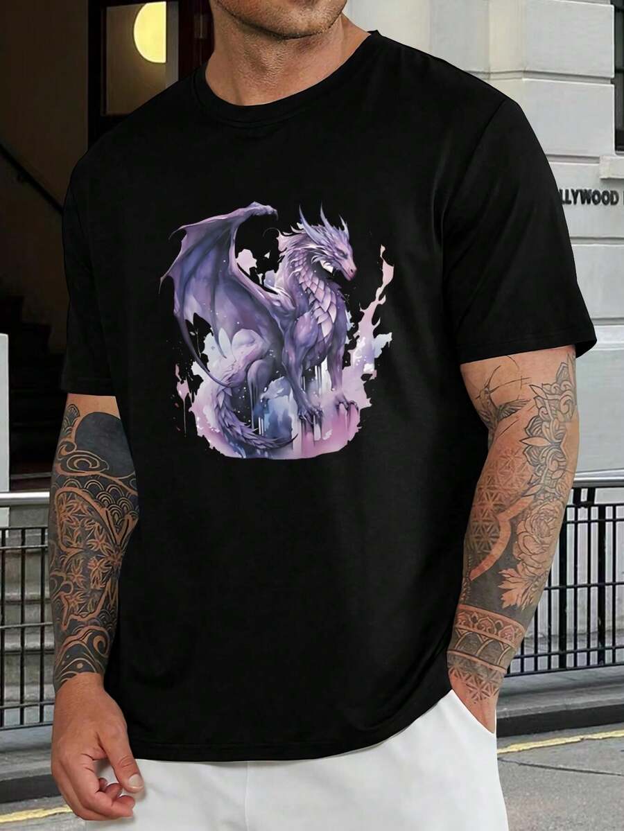 Camiseta gráfica de acuarela de dragón morado para mujer - Camiseta de dragón de fantasía, camiseta única de algodón ligero, top informal para uso diario, regalo para amantes de dragones - Negro - Ver 1