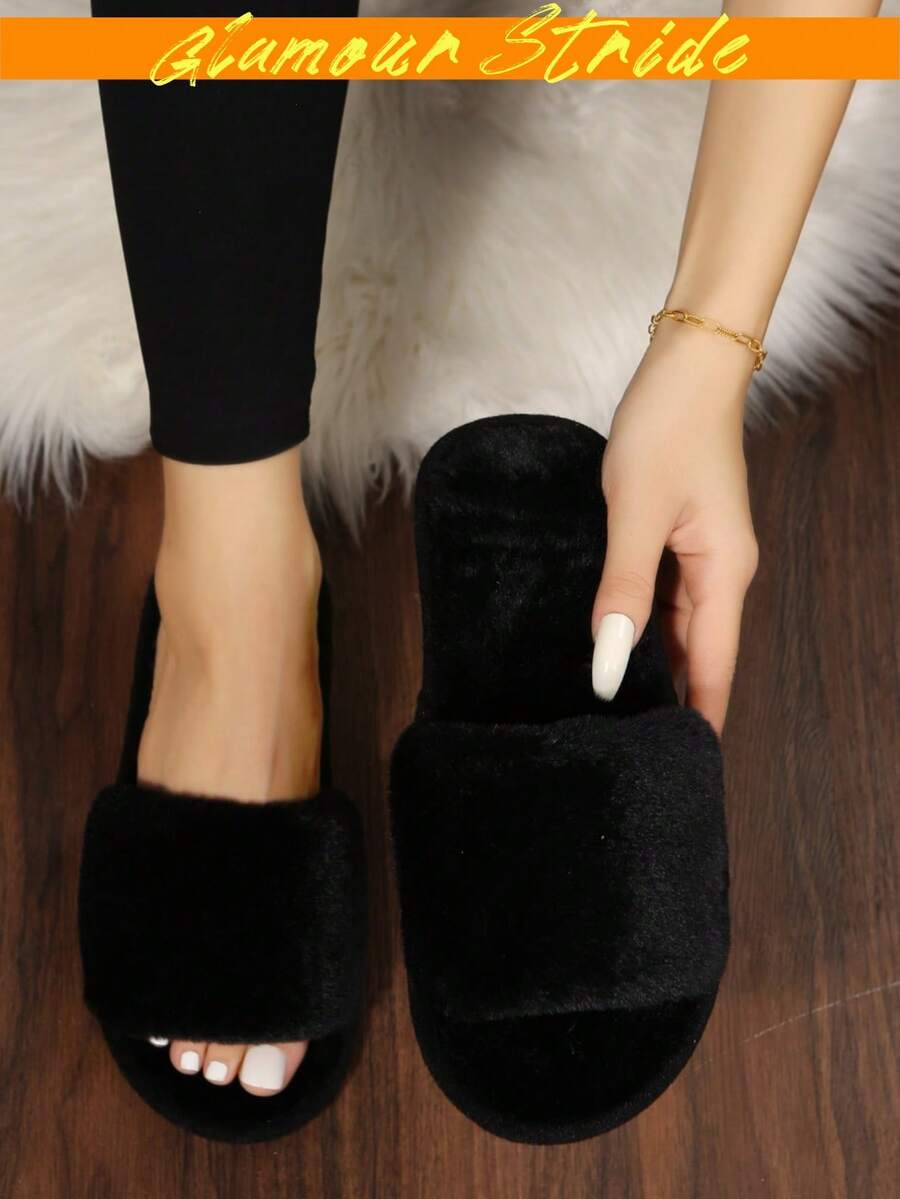 (For Wide Or Large Feet, Please Order One Size Up) Home Slippers, House Slippers, Solid Color Slippers, Bedroom Slippers, Black Slippers - Black - View 1