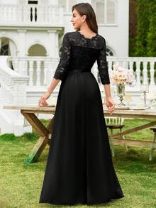 MIUSOL Floral Lace Chiffon Ruffle Hem Maxi Dress, Elegant Ladies Gown, Formal Dress, Suitable For Wedding Guest, Graduation Ceremony, Gala Dinner And Other Occasions Black Spring - Black - View 3