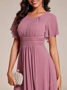 EVER-PRETTY Abito da damigella d elegante con maniche a balze, plissettato, in chiffon con stampa floreale, per cerimonie formali e ospiti di matrimonio