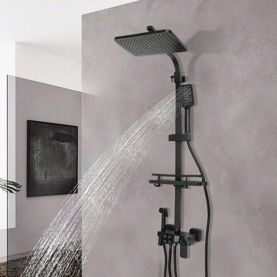 YUNRUX Regendusche Duschset Duschsystem Handbrause und Kopfbrause Duschgarnitur Dusche Schwarz - Schwarz - Übersicht 1