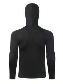 男式连帽长袖运动衫带面罩 - 速干、有弹性、透气底层，适合健身、篮球、跑步和户外活动 - 纯色、高弹性面料、运动服 - 黑色 - 查看 3