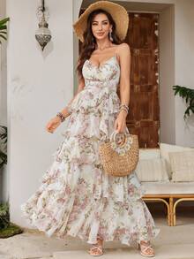 [Random Floral Design] Women Spaghetti Strap Backless Digital Watercolor Floral Print Chiffon Layered Ruffle Elegant A-Line Dress - White - View 3