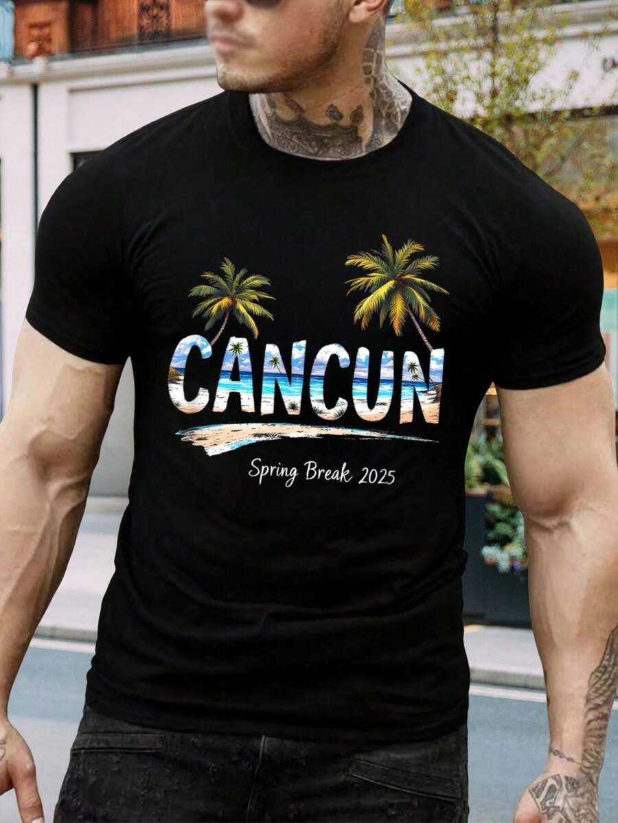 Camiseta de manga corta para vacaciones de primavera en Cancún - Camiseta playera tropical con palmeras para hombres y mujeres - Regalo de recuerdo - Conjunto veraniego elegante - Ropa para cruceros - Manga corta de ajuste ligero y cómodo - Tallas para jóvenes y adultos - Negro - Ver 1