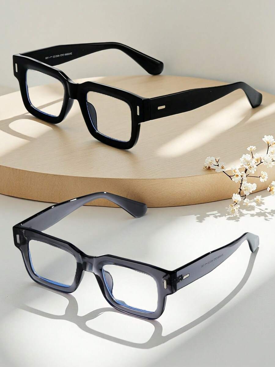 POLASUP 2pcs Men's Retro Thick Frame Glasses, Classic Korean-Japanese Student Style Square Optical Glasses With Lanyard, Computer Reading Gaming Glasses - Khung đen/tròng kính trong suốt+khung xám/tròng kính trong suốt - Xem 1