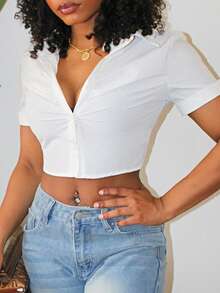 Steph T Women's Fashionable Short V-Neck Short Sleeve Shirt,Short Sleeve Tops,Summer White Crop Casual Elegant Top Festival Beach Going Out Tee