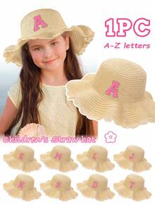 1pc 26 Alphabet Customized Kids Straw Hat With Flower Lace Brim, Suitable For Gifts, Daily Outings, Picnics, Sun Ion, Beach Vacations - Light Khaki - View 1