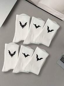 6 Pairs Of Bat Print Socks Gothic Style Comfortable Mid-Tube Socks Suitable For Everyday Wear Black Socks White Socks
