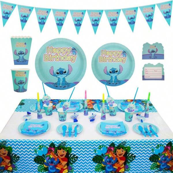 Spinmaster Anime Lilo & Stitch Stitch Themed Pink Birthday Party Supplies, New Year Decoration Banners, Gift Bags, Disposable Paper Cups, Plates, Tissues