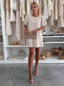 Women Elegant Casual Solid Color Lace Knit Embroidery Button Short Dress Suitable For Spring, Autumn, Summer - 杏色 - 查看 5