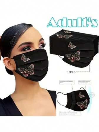 20pcs Black Butterfly Print Face Mask, Breathable Non-Woven Fabric For Women, Suitable For Daily Outdoor Use