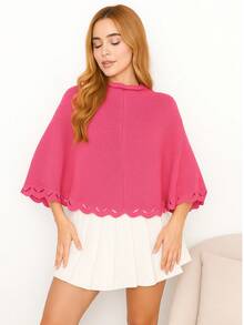 Knitted Poncho With Wave Detail - Rosa - Ver 1
