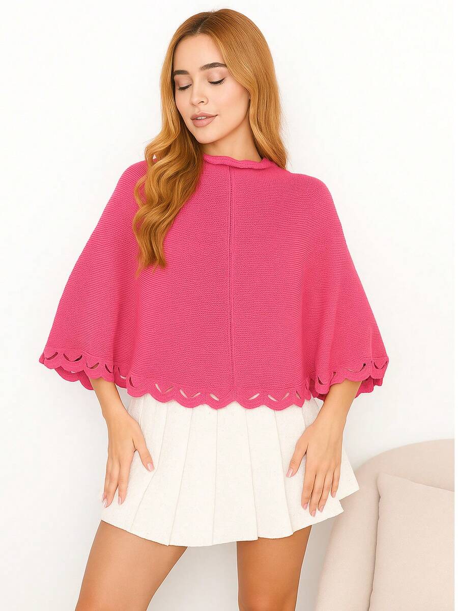 Knitted Poncho With Wave Detail - Rosa - Ver 1
