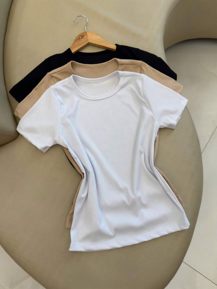 Kit 3 Women's Ribbed Blouses Baby Tee Basic Short Sleeve Babylook Colors 2025 - Beige/Black/White - View 1