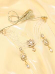 Bộ trang sức pha lê phong cách Ma-rốc dành cho nữ, gồm 2 dây chuyền và bông tai đính đá, kiểu dáng Bohemian, phụ kiện cô dâu dự tiệc cưới, quà tặng cho nữ nhân dịp Lễ Tình nhân. - Nhiều màu - Xem 3