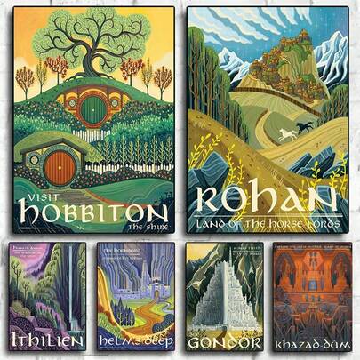 1 pieza/Set de 3 piezas Obras de arte para pared, pósters con opción de marco - Anillo de arte abstracto vintage, póster de viaje retro, pintura sobre lienzo, película vintage, Castillo de Mordor de El Señor de los Anillos,decoración de pared para habitación de niños y dormitorio