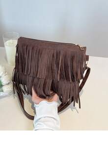 1 pieza Bolso de mano informal de verano de color café con cremallera suave de piel sintética, volantes decorativos, unicolor versátil y elegante, adecuado para uso diario de mujeres - Café - Ver 5